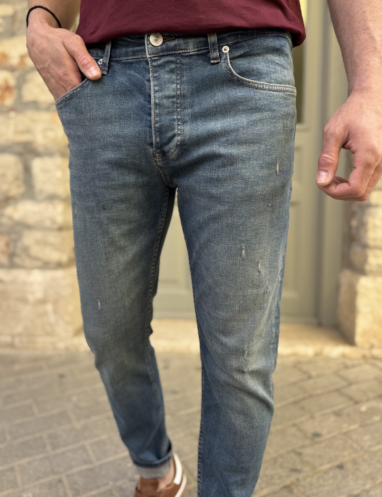 Ανδρικό Slim μπλε με φθορές τζιν παντελόνι πεντάτσεπο με κουμπιά 3LN471 φωτογραφία
